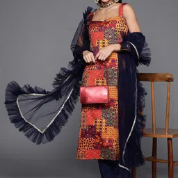Inddus Women Orange Printed Kurta with Trousers & With Dupatta-image-73