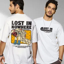 Bewakoof Lost in Nowhere Graphic Printed Drop-Shoulder Sleeves Oversized Cotton T-shirt-image-64