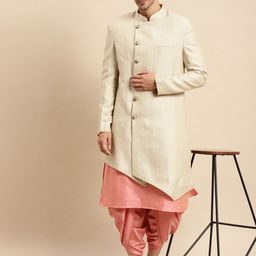 KISAH Men Cream-Coloured & Pink Woven Design Cotton Sherwani Set-43