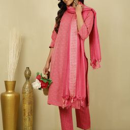 Jaipur Kurti Woven Design Regular Pure Cotton Straight Kurta with Trousers & Dupatta-image-57