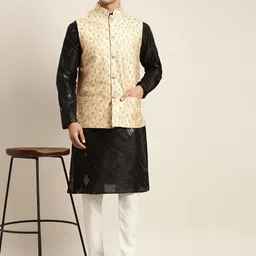 SOJANYA Men Black Mirror Work Kurta with Pyjamas & Nehru Jacket image 3