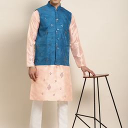 SOJANYA Men Peach-Coloured Embroidered Mirror Work Kurta with Pyjamas & Nehru Jacket image 4