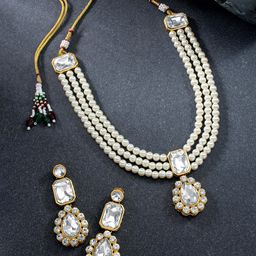 Peora Gold Plated White Kundan Studded Indian Traditional Long Jewellery Set-image-69
