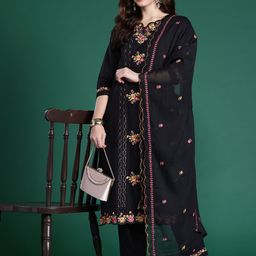 Indo Era Floral Embroidered Pure Cotton Kurta with Trousers & Dupatta-picture-10