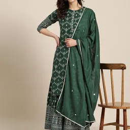 Sangria Women Green & Off-White Printed Kurta with Palazzos & Dupatta-picture-16