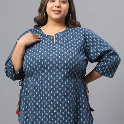 Indietoga Plus Size Notch Neck Ethnic motifs Print Indigo Pure Cotton Top-picture-20