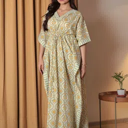 Libas Floral Printed Kimono Sleeves Tie Up Pure Cotton Maxi Kaftan Nightdress-image-72