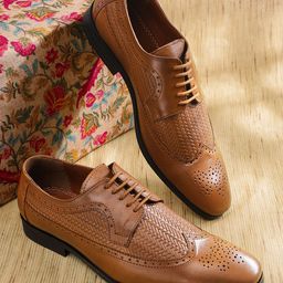 House of Pataudi Men Tan Brown Handcrafted Leather Formal Brogues-image-41