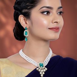 Peora White & Green Gold-Plated Crystal Studded Handcrafted Jewellery Set-image-33