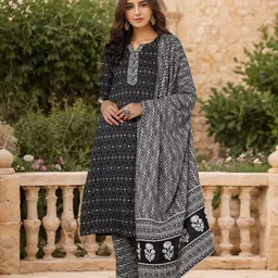 KALINI Geometric Printed Straight Kurta With Trousers & Dupatta-8