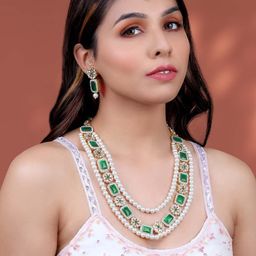 Peora Gold-Plated Stone-Studded & Beaded Jewellery Set-image-27