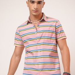HIGHLANDER Men Pink & Blue Horizontal Striped Slim Fit Casual Cotton Shirt-image-10