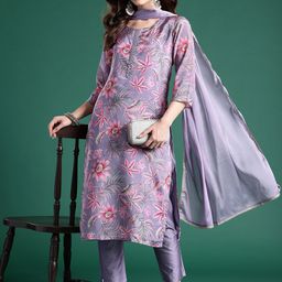 Indo Era Women Floral Printed Regular Mirror Work Kurta with Trousers & With Dupatta-41