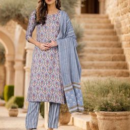 KALINI Ethnic Motifs Printed Straight Kurta With Trousers & Dupatta-image-85