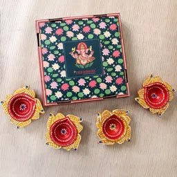 TIED RIBBONS Set Of 4 Yellow & Red Printed Terracotta Diyas-41