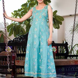 Yufta Floral Printed Sleeveless Cotton Anarkali Maxi Dress-image-76