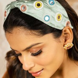 HAIR DRAMA CO. Women Green & White Embellished Hairband-image-90
