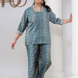 Bani Women Plus Size Printed Shirt Collar Top and Trousers-image-60