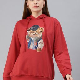 plusS Plus Size Women Red Printed Fleece Hooded Sweatshirt-24