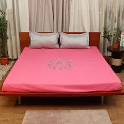 ZEBA Pink & Grey Embroidered Double King Bed Cover With 2 Pillow Covers-image-10