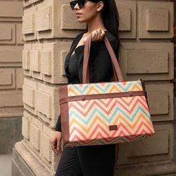 ZOUK Chevron Printed Structured Jute Laptop Shoulder Bag image 1