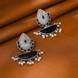 Yellow Chimes Oxidised Silver-Plated Stone Studded & Beaded Afghani Style Drop Earrings-19