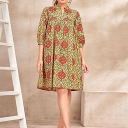 DRESOUL Ethnic Motifs Printed Puff Sleeves Gathered Cotton A-Line Dress-image-4