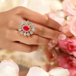 Rubans 22K Gold-Plated Cubic Zirconia Stone-Studded Floral Adjustable Finger Ring-23