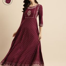 RANGMAYEE Women Maroon & Cream-Coloured Floral Printed Liva Anarkali Kurta with Mask-image-38