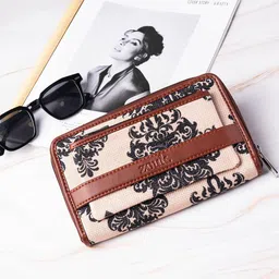 ZOUK Women Peach-Coloured & Green Printed Vegan Leather Zip Around Sustainable Wallet-21