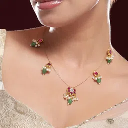 Rubans 18K Gold-Plated Ruby Pink & Emerald Green Kundan Studded Necklace with Pearl Accent-30