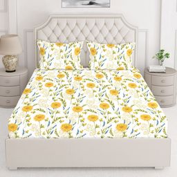 Layers White & Yellow Floral Printed Pure Cotton140 TC King Bedsheet with 2 Pillow Covers-image-71