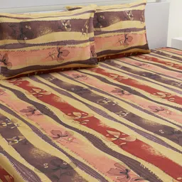 HOME AFFAIRS Yellow & Brown Floral Pure Cotton 144 TC Queen Bedsheet with 2 Pillow Covers-image-92
