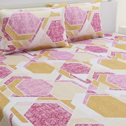HOME AFFAIRS Pink & Beige Geometric Pure Cotton144 TC Queen Bedsheet with 2 Pillow Covers-image-91