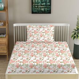 Trance Home Linen White Floral 180 TC Cotton Fitted Single Bedsheet with 1 Pillow Covers-image-71