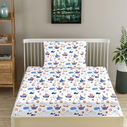 Trance Home Linen Blue & White Printed 180 TC Cotton Single Bedsheet with 1 Pillow Cover-image-125