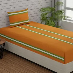 Huesland Orange & Green Striped 144 TC Fitted Cotton Single Bedsheet with 1 Pillow Cover-image-7