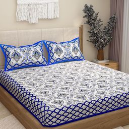 Lali Prints Blue & White Floral Printed Cotton 130 TC Queen Bedsheet With 2 Pillow Covers-image-49