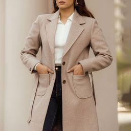 JAVINISHKA Wool Notched Lapel Collar Single Breasted Long Pea Coat With Belt-picture-30