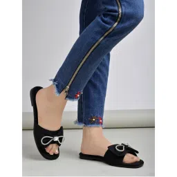 Shoetopia Diamante Bow Detailed Black Open Toe Flats for Women-picture-22