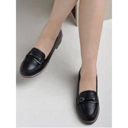 Shoetopia Upper Buckle Detailed Black Loafers for Women-picture-37
