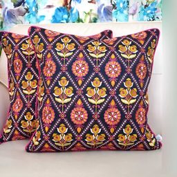 TARA- Sparkling Homes Navy Blue & Yellow Set of 2 Embroidered Square Cushion Covers-35