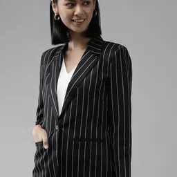 Shaftesbury London Women Black & White Striped Slim-Fit Single-Breasted Formal Blazer-picture-11