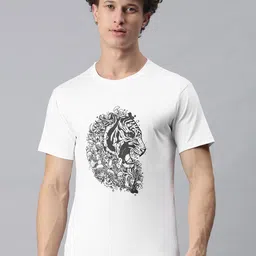 BRATMA Men White Animal Printed Round Neck Regular Sleeves Cotton T-shirt-image-19
