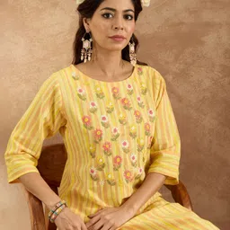 Indo Era Floral Embroidered Pure Cotton Straight Kurta with Trouser-53