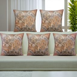 Decoghar Brown & Grey 5 Pieces Floral Printed Velvet Square Cushion Cover-12