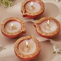 Aromatic Fables White & Gold Toned 4 Pieces Terracotta Diya Candles-1