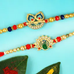 TIED RIBBONS Multicoloured Set of 2 Rakhis with Greeting Card & Roli Chawal Combo image 2