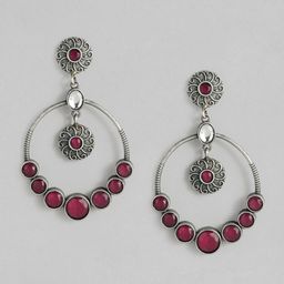 AITIHYA Silver-Plated Artificial Stones & Beads Oxidised Circular Drop Earrings image 2