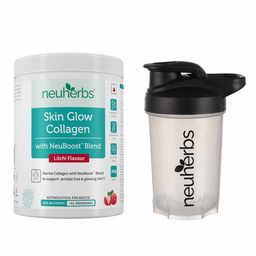 Neuherbs Skin Glow Collagen,  200 g  Litchi & Protein Shaker Bottle Black White 400ml Combo -28